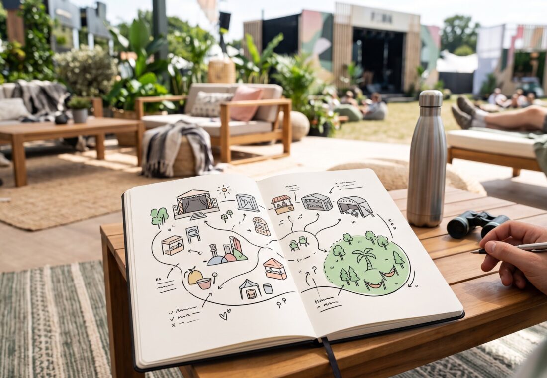 Ilustracja do poradnika: plan festiwalu z miejscem na odpoczynek
